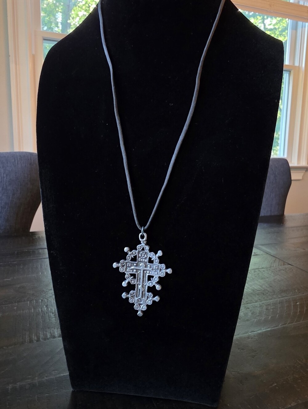 Russian Orthodox Old Believer Style Cross Pendant Black Cord Necklace
